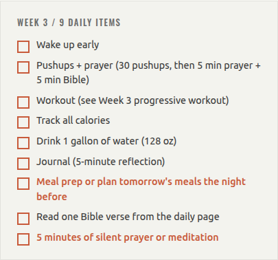 The Week 3 daily checklist from the Training Day handbook: nine daily non-negotiable tasks, from pushups and prayer to journaling and silent prayer